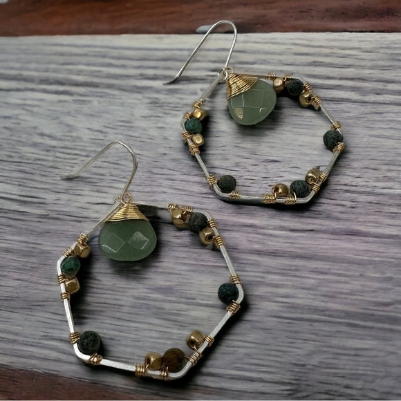 Hexagon Earrings Green Gold Silver Toned - Picture 1 of 7